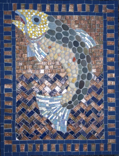 Leaping Trout; 12" x 16"; natural stone, stained glass; $700.00